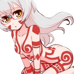 Rule 34 | 1990s (style), 1girl, 7-tan, arched back, bodypaint, breasts, face, facepaint, glasses, imuhata shimuro, long hair, lowres, naked paint, neo ranga, nipples, nude, os-tan, red-framed eyewear, retro artstyle, revision, semi-rimless eyewear, silver hair, simple background, sitting, small breasts, solo, tongue, tribal, under-rim eyewear, wariza, yellow eyes