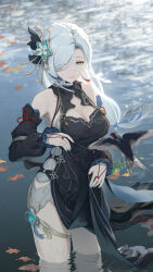 Rule 34 | 1girl, absurdres, ancle (aruncle), bare shoulders, black dress, breasts, carp, china dress, chinese clothes, cowboy shot, detached sleeves, dre, dress, genshin impact, gradient eyes, grey hair, hair ornament, hair over one eye, highres, lake, large breasts, long hair, looking at viewer, multicolored eyes, multiple girls, official alternate costume, shenhe (frostflower dew) (genshin impact), shenhe (genshin impact), sleeveless, smile, solo, standing, thighs, very long hair, white hair