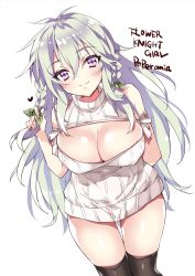 Rule 34 | 1girl, anapom, arm behind back, bad id, bad twitter id, black thighhighs, braid, breasts, character name, cleavage, closed mouth, copyright name, cowboy shot, flower knight girl, highres, large breasts, long hair, looking at viewer, meme attire, peperomia (flower knight girl), purple eyes, simple background, smile, solo, sweater, thigh gap, thighhighs, white background, white hair, white sweater