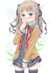 Rule 34 | 1girl, black ribbon, black thighhighs, blazer, blue eyes, blue skirt, blush, collared shirt, commentary request, cowboy shot, fingers to mouth, floral background, flower, hair between eyes, hair ribbon, highres, hina logi - from luck &amp; logic, jacket, lily (flower), long hair, long sleeves, luck &amp; logic, nina alexandrovna, nose blush, open clothes, open jacket, parted lips, red neckwear, ribbon, school uniform, shirt, skirt, skirt tug, solo, thighhighs, twintails, wari (nirodo26), white background, white shirt, wing collar