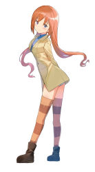 Rule 34 | 1girl, absurdres, arms behind back, blue eyes, blue shirt, blush, boots, closed mouth, collared shirt, dress shirt, floating hair, highres, leaning forward, long hair, long sleeves, looking at viewer, low twintails, mejina, orange hair, parted bangs, patricia schade, shirt, simple background, smile, solo, strike witches: kurenai no majo-tachi, striped clothes, striped thighhighs, thighhighs, thighs, twintails, white background, world witches series