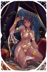 Rule 34 | 1girl, armlet, arthropod girl, barefoot, black hair, black sclera, bracelet, breasts, cameltoe, cleavage, colored sclera, covered erect nipples, dancer, dark-skinned female, dark skin, highres, indoors, jewelry, long hair, medium breasts, midnight (banyex), monster girl, nail polish, navel, necklace, night, nipples, orange eyes, original, pink lips, pink nails, pointy ears, revealing clothes, ring, scorpion tail, see-through, shawl, showgirl skirt, solo, tail, thighlet, toe ring, toenail polish, toenails, very long hair