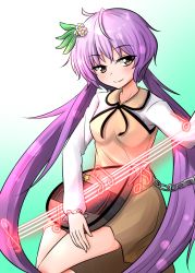 Rule 34 | 1girl, biwa lute, blush, brown dress, brown eyes, chain, cowboy shot, dress, flower, hair flower, hair ornament, highres, instrument, long hair, long sleeves, looking at viewer, low twintails, lute (instrument), musical note, oshiaki, purple hair, short dress, smile, solo, touhou, tsukumo benben, twintails, very long hair