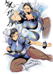Rule 34 | 1girl, ass, bent over, black hair, boots, bracelet, breasts, brown eyes, brown hair, brown pantyhose, bun cover, capcom, chinese clothes, chun-li, clenched hands, clenched teeth, cross-laced footwear, double bun, dual persona, earrings, eyeshadow, fingernails, flying kick, frills, hair bun, highres, homare (fool&#039;s art), jewelry, kicking, kikouken, knee boots, large breasts, long fingernails, looking afar, makeup, muscular, orange eyes, outstretched arms, own hands together, pantyhose, pelvic curtain, puffy short sleeves, puffy sleeves, ribbon, short hair, short sleeves, shouting, simple background, spiked bracelet, spikes, street fighter, teeth, thick thighs, thighs, thong, wind, wind lift