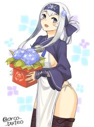 Rule 34 | 10s, 1girl, ainu clothes, bandana, black thighhighs, blue eyes, box, breasts, cropped jacket, flower, flower pot, folded ponytail, headband, holding, holding flower pot, kamoi (kancolle), kantai collection, long hair, long sleeves, looking at viewer, sideboob, sidelocks, simple background, solo, thick eyebrows, thighhighs, white background, white hair, wrist guards, yamashichi (mtseven)
