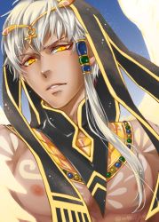 Rule 34 | 10s, 1boy, artist name, dark skin, dark-skinned male, hair ornament, jewelry, kamigami no asobi, long hair, male focus, mtk-rikw, necklace, portrait, topless male, solo, sparkle, tattoo, teeth, thoth caduceus, tiara, veil, white hair, wings, yellow eyes