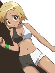 Rule 34 | 1girl, angol mois, awa, black background, blonde hair, blush, breasts, brown eyes, cleavage, collarbone, dark-skinned female, dark skin, hair ornament, hairclip, jaggy lines, keroro gunsou, looking at viewer, lowres, medium breasts, oekaki, open mouth, short hair, solo, star (symbol), star hair ornament, two-tone background, two-tone bra, two-tone shorts, white background, wristband