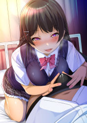 Rule 34 | 1boy, 1girl, black hair, blush, bow, bowtie, bulge, cum, cum in clothes, cum through clothes, fumihiko (fu mihi ko), hair ornament, hairclip, highres, lying, nail polish, naughty face, nijisanji, on bed, open mouth, pov, purple eyes, skirt, sweater vest, tongue, tongue out, tsukino mito, virtual youtuber