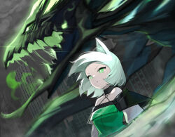 Rule 34 | 1girl, absurdres, animal ear fluff, animal ears, arknights, bare shoulders, breasts, building, collar, detached sleeves, dress, floating hair, green dress, green eyes, grey hair, highres, kal&#039;tsit (arknights), mon3tr (arknights), monster, motion blur, parted lips, sbgu, short hair, skyscraper, sleeveless, sleeveless dress, small breasts, solo, upper body, v-shaped eyebrows, wind