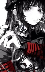 Rule 34 | 1girl, :/, blunt bangs, chain, chain necklace, character print, cigarette, collar, cross, cross earrings, earrings, greyscale, half-closed eyes, hand up, highres, index finger raised, jewelry, layered shirt, layered sleeves, long hair, long sleeves, looking at viewer, monochrome, mouth hold, multiple rings, nail polish, necklace, original, piercing, print shirt, red sleeves, ring, shirt, short over long sleeves, short sleeves, simple background, sirayukisiu, smoke trail, smoking, solo, spiked collar, spikes, spot color, striped sleeves, tareme, triangle facial mark