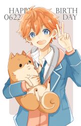 Rule 34 | 1boy, :3, akehoshi subaru, animal, animal hug, blazer, blue eyes, blue jacket, blue necktie, breast pocket, bright pupils, brown fur, closed mouth, collarbone, collared shirt, commentary, dated, dog, double-parted bangs, ensemble stars!, fingernails, framed, grey background, grey jacket, hair between eyes, happy birthday, holding, holding animal, holding dog, hood, hood down, hooded jacket, jacket, layered clothes, long sleeves, looking at viewer, loose necktie, male focus, miyagi2627, multicolored clothes, multicolored jacket, necktie, open clothes, open collar, open jacket, open mouth, orange eyes, orange hair, outside border, pink jacket, pocket, shirt, short hair, single stripe, smile, striped, tareme, teeth, two-sided fabric, two-sided jacket, two-tone background, two-tone jacket, unbuttoned, upper body, upper teeth only, v, white background, white pupils, white shirt, white stripes
