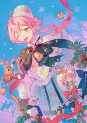 Rule 34 | 1boy, androgynous, balabling, bell, blue sky, christmas, ensemble stars!, gloves, green eyes, highres, himemiya tori, holly, long sleeves, looking at viewer, male focus, one eye closed, open mouth, pink hair, reindeer, short hair, sky, smile, snowman, solo