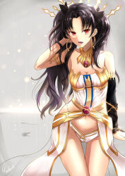 Rule 34 | 1girl, absurdres, artist name, black hair, breasts, cleavage, crown, earrings, fate/grand order, fate (series), gluteal fold, grey background, groin, hand in own hair, highres, hoop earrings, huidare, ishtar (fate), ishtar (fate), jewelry, long hair, navel, raised eyebrows, red eyes, solo, thigh gap, thighs, tohsaka rin, twintails, waist cape