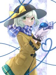 Rule 34 | 1girl, :|, adapted costume, black hat, blue scarf, blush, bow, closed mouth, coat, commentary, cowboy shot, expressionless, green eyes, green hair, green skirt, hat, hat bow, heart, heart of string, highres, holding, komeiji koishi, komori (komo ricecake), long sleeves, looking at viewer, mittens, one-hour drawing challenge, plaid, plaid scarf, pocket, scarf, short hair, signature, skirt, solo, third eye, touhou, white mittens, yellow bow, yellow coat