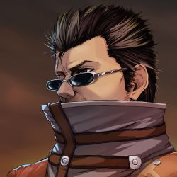 Rule 34 | 00s, 1boy, auron, brown background, brown eyes, brown hair, coat, facial hair, final fantasy, final fantasy x, gradient background, grey-framed eyewear, looking afar, looking away, male focus, nose, sakunohi c moon, solo, spiked hair, stubble, sunglasses, thick eyebrows, upper body