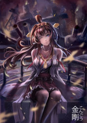 Rule 34 | 10s, 1girl, ;), absurdres, ahoge, battleship, blue eyes, boots, breasts, brown hair, cannon, collarbone, detached sleeves, double bun, hairband, head tilt, headgear, highres, kantai collection, kongou (kancolle), legs together, long hair, looking at viewer, military, military vehicle, nontraditional miko, one eye closed, penpen (xiaopenpenpen), ship, sitting, skirt, smile, solo, thigh boots, thighhighs, warship, watercraft