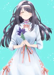 Rule 34 | 1girl, alternate costume, black hair, blue background, blue dress, blush, breasts, closed eyes, dress, eyebrows hidden by hair, floating hair, flower, highres, holding, holding flower, long hair, medium breasts, own hands together, pocchari, purple flower, shimanami kakino, silver hairband, smile, solo, virtual kouhou taishi project, virtual youtuber