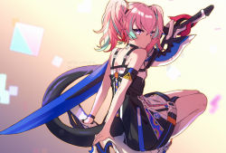 Rule 34 | 1girl, absurdres, black dress, blue eyes, closed mouth, dress, highres, honkai (series), honkai impact 3rd, long hair, looking at viewer, looking back, pink hair, rozaliya olenyeva, rozaliya olenyeva (fervent tempo), sleeveless, sleeveless dress, solo, sword, tail, twintails, weapon, yun-yang