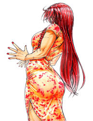 Rule 34 | 1girl, arched back, ass, braid, breasts, china dress, chinese clothes, commentary request, dress, from behind, hands up, hidden face, hong meiling, koyubi (littlefinger1988), large breasts, long hair, muscular, muscular female, nail polish, red hair, red nails, scar, short sleeves, side slit, simple background, solo, spread fingers, standing, taut clothes, taut dress, touhou, very long hair, white background