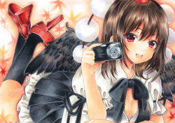 Rule 34 | 1girl, :d, bad id, bad pixiv id, black bow, black bowtie, black skirt, black socks, black wings, bow, bowtie, breasts, brown hair, camera, cleavage, collared shirt, feathered wings, frilled sleeves, frills, geta, hand up, hat, holding, holding camera, kneehighs, leaf, leaf background, legs up, looking at viewer, lying, maple leaf, marker (medium), niku (hamuchang), on stomach, open mouth, petticoat, pleated skirt, pom pom (clothes), puffy short sleeves, puffy sleeves, red eyes, red footwear, shameimaru aya, shirt, shoes, short sleeves, skirt, smile, socks, solo, tengu-geta, tokin hat, touhou, traditional media, white shirt, wing collar, wings