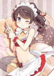 Rule 34 | 1girl, apron, bare shoulders, blush, breasts, brown hair, commentary request, crop top, detached collar, doughnut, food, highres, idolmaster, idolmaster cinderella girls, long hair, looking at viewer, maid headdress, navel, necktie, one eye closed, penetration gesture, pink eyes, ponytail, shiina noriko, skirt, small breasts, smile, solo, tsubure manjuu, wavy hair, white apron, wrist cuffs