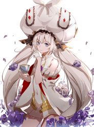 Rule 34 | 1girl, bare shoulders, blue eyes, closed mouth, commentary request, covered navel, cowboy shot, cup, detached sleeves, dress, fate/grand order, fate (series), flower, frilled hat, frills, gloves, hair between eyes, half gloves, hat, holding, holding cup, long hair, long sleeves, looking at viewer, marie antoinette (fate), marie antoinette (third ascension) (fate), petals, purple flower, rero (bigdoorbig2), silver hair, simple background, smile, solo, twintails, very long hair, white background, white dress, white gloves, white hat, wide sleeves