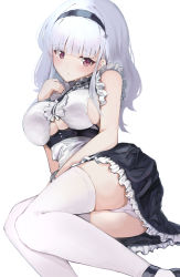 Rule 34 | 1girl, absurdres, azur lane, black footwear, black hairband, black shorts, black skirt, blunt bangs, blush, bracelet, breasts, center frills, choker, closed mouth, clothing cutout, commentary request, crotch seam, dido (azur lane), frilled choker, frilled shirt collar, frilled skirt, frills, hairband, highres, jewelry, lace, lace-trimmed panties, lace trim, large breasts, light frown, long hair, long sleeves, looking at viewer, lying, miniskirt, misonikomi, on side, panties, pantyshot, purple eyes, shirt, shoes, shorts, silver hair, simple background, skirt, sleeveless, sleeveless shirt, solo, thighhighs, underboob, underboob cutout, underwear, white background, white panties, white shirt, white thighhighs