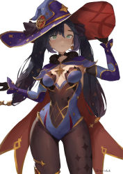 Rule 34 | 1girl, artist name, black hair, black pantyhose, breasts, cape, earrings, genshin impact, gloves, green eyes, half-closed eyes, hand on headwear, hat, highres, jewelry, long hair, looking at viewer, medium breasts, mona (genshin impact), pantyhose, purple hair, simple background, solo, twintails, white background, witch hat, zeradok