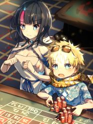 Rule 34 | 1boy, 1girl, absurdres, bad id, bad twitter id, blonde hair, blue eyes, bright pupils, cheering, fate/grand order, fate/requiem, fate (series), gambling, hawaiian shirt, highres, multicolored hair, poker chip, roulette table, scarf, shirt, streaked hair, sweatdrop, table, tile floor, tiles, utsumi erice, voyager (fate), zutaboro