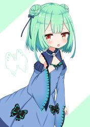Rule 34 | :o, absurdres, blue bow, blue dress, blue sleeves, blush, bow, commentary request, detached sleeves, double bun, dress, fang, green background, green hair, hair bow, hair bun, hand up, highres, hololive, jiu (sdesd3205), juliet sleeves, long sleeves, looking at viewer, open mouth, puffy sleeves, red eyes, sleeveless, sleeveless dress, sleeves past wrists, solo, two-tone background, uruha rushia, uruha rushia (1st costume), virtual youtuber, white background, wide sleeves