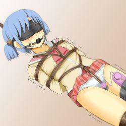 Rule 34 | 1girl, arms behind back, ball gag, bdsm, blindfold, blue hair, blush, bondage, bound, bound arms, bound legs, brown background, brown shirt, clothes lift, controller, crotch rope, drooling, dutch angle, egg vibrator, female focus, femuto, flat chest, gag, gagged, gradient background, hair ornament, hairclip, highres, legs together, long sleeves, miniskirt, motion blur, naganohara mio, nichijou, nose blush, open mouth, panties, plaid, plaid skirt, pleated skirt, pussy juice, red neckwear, red skirt, remote control, remote control vibrator, rope, sailor collar, saliva, school uniform, serafuku, sex toy, shibari, shibari over clothes, shirt, short hair, simple background, skirt, skirt lift, solo, standing, thigh strap, tokisadame school uniform, trembling, two side up, underwear, vibrator, wet, wet clothes, wet panties, white panties