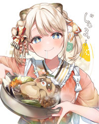 Rule 34 | 1girl, absurdres, animal ear fluff, animal ears, anzu 1026, blonde hair, blue eyes, blush, closed mouth, commentary request, cooking pot, drooling, extra ears, food, frilled kimono, frills, hair ribbon, highres, holding, holding cooking pot, hololive, japanese clothes, kazama iroha, kimono, looking at viewer, pink kimono, pokobee, ribbon, short hair, smile, solo, translation request, twintails, upper body, virtual youtuber