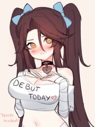Rule 34 | 1girl, absurdres, bandaged arm, bandages, bandaid, bare shoulders, black choker, blue bow, blush, bow, breast suppress, breasts, brown eyes, brown hair, choker, cleavage, closed mouth, collarbone, crop top, cropped shirt, english text, hair between eyes, hair bow, heart, heart-shaped pupils, heart choker, highres, large breasts, long hair, looking to the side, midriff, navel, off-shoulder shirt, off shoulder, original, print shirt, shirt, short sleeves, simple background, sketch, sky above me, solo, symbol-shaped pupils, twintails, unfinished, upper body, very long hair, white background, white shirt