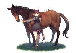 Rule 34 | 1girl, animal ears, boots, brown hair, carrot, character name, dress, highres, horse, horse ears, horse girl, horse tail, nice nature (umamusume), real life, shimotsuki eight, smile, solo, tail, twintails, umamusume, white background