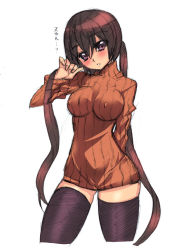 1girl black_hair black_thighhighs blush breasts covered_erect_nipples cowboy_shot cropped_legs female_focus large_breasts long_hair nagy no_bra no_pants orange_shirt original purple_eyes ribbed_sweater shirt simple_background sketch solo sweater thighhighs twintails very_long_hair