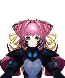 Rule 34 | 1girl, artist request, commentary, english commentary, eyebrows hidden by hair, flat chest, fortified suit, green eyes, hair intakes, hair ribbon, long hair, muv-luv, muv-luv alternative, official art, pilot suit, portrait, project mikhail, ribbon, second-party source, simple background, smile, solo, tamase miki, twintails, white background, yellow ribbon