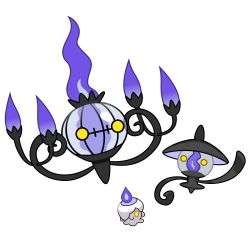 Rule 34 | absurdres, artist request, blue fire, chandelure, creatures (company), evolutionary line, fire, game freak, gen 5 pokemon, highres, lampent, litwick, nintendo, no humans, pokemon, pokemon (creature), simple background, white background, yellow eyes