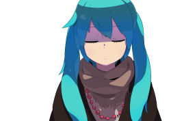 Rule 34 | 1girl, bad id, bad pixiv id, blue hair, brown scarf, closed eyes, female focus, hatsune miku, long hair, scarf, simple background, solo, tomioka jirou, twintails, upper body, vocaloid, white background