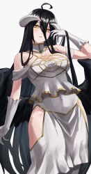 Rule 34 | 1girl, absurdres, ahoge, albedo (overlord), bare shoulders, black hair, breasts, commentary, cowboy shot, dress, gloves, grey background, head tilt, highres, hip vent, horns, large breasts, long hair, looking at viewer, off-shoulder dress, off shoulder, overlord (maruyama), parted lips, pearlbbbb, short sleeves, simple background, solo, standing, very long hair, white dress, white gloves, yellow eyes