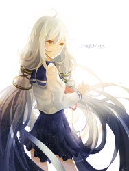 Rule 34 | 1girl, blue skirt, green eyes, hair ribbon, highres, long hair, looking at viewer, marionette (chocological), pleated skirt, ribbon, school uniform, serafuku, shirt, silver hair, simple background, skirt, solo, very long hair, vocaloid, white background, white shirt, xingchen