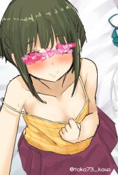 Rule 34 | 10s, 1girl, bare arms, bare shoulders, blue bow, blue bowtie, blush, bow, bowtie, unworn bowtie, camisole, cassandra (seishun katsu sando), censored, closed mouth, clothes pull, collarbone, eyebrows, green hair, heart, heart censor, identity censor, kantai collection, looking at viewer, pink skirt, pleated skirt, pulling own clothes, shirt pull, short hair with long locks, skirt, smile, solo, strap slip, sweat, takanami (kancolle), twitter username