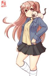 Rule 34 | 1girl, animal, animal on shoulder, artist logo, black skirt, brown eyes, cat, cat on shoulder, commentary request, cosplay, dated, denim, denim jacket, highres, jacket, johnston (kancolle), kanon, kanon (kurogane knights), kantai collection, light brown hair, long hair, look-alike, looking at viewer, piro, pleated skirt, sawatari makoto, sawatari makoto (cosplay), shirt, simple background, skirt, solo, standing, two side up, white background, yellow shirt