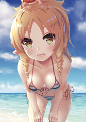 Rule 34 | 10s, 1girl, bare legs, bare shoulders, bikini, blonde hair, bow, breasts, brown eyes, cloud, cowboy shot, day, drill hair, eromanga sensei, front-tie bikini top, front-tie top, gluteal fold, hair bow, halterneck, highres, leaning forward, long hair, looking at viewer, open mouth, outdoors, parted bangs, pointy ears, ponytail, sideboob, small breasts, solo, striped bikini, striped clothes, sweat, swimsuit, tsukimizu (ordeal), twin drills, water, yamada elf