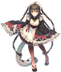 Rule 34 | 1girl, ahoge, animal ears, anju (utawarerumono), apron, aquaplus, braid, breasts, brown hair, female focus, full body, hair between eyes, hair ornament, highres, long hair, looking at viewer, maid, maid apron, maid headdress, mitsumi misato, official art, orange eyes, sandals, simple background, small breasts, solo, tail, tiger tail, transparent background, utawarerumono, utawarerumono: itsuwari no kamen, utawarerumono: lost flag, very long hair