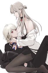 Rule 34 | 2girls, bare shoulders, black choker, black pants, black pantyhose, black shirt, blonde hair, blush, breast press, breasts, character request, choker, cleavage, closed eyes, closed mouth, commentary request, earrings, eleven (path to nowhere), grey hair, hand on another&#039;s neck, highres, jacket, jewelry, korean commentary, large breasts, long hair, looking at viewer, mole, mole under eye, multiple girls, off shoulder, pants, pantyhose, path to nowhere, red eyes, red nails, shirt, simple background, smile, sweatdrop, trshtong, white background, white jacket, yuri