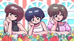 Rule 34 | 1980s (style), 3girls, ;d, black hair, brown eyes, brown hair, flower, hair over shoulder, head rest, long hair, looking at viewer, multiple girls, oldschool, one eye closed, open mouth, puffy short sleeves, puffy sleeves, ranma 1/2, red flower, red rose, retro artstyle, ribbed sweater, rose, short hair, short sleeves, sleeveless, sleeveless turtleneck, smile, sparkle, sweater, sweater vest, tendou akane, tendou kasumi, tendou nabiki, tulip, turtleneck, upper body, wanta (futoshi)