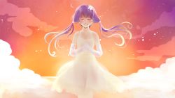 Rule 34 | 1girl, ahoge, alternate costume, bare shoulders, cloud, dress, elbow gloves, closed eyes, floating hair, flower, gloves, hair flower, hair ornament, own hands clasped, long hair, low twintails, own hands together, purple hair, short hair with long locks, sky, smile, solo, sun, sundress, sunset, tenryuukou, twilight, twintails, vocaloid, voiceroid, white dress, yuzuki yukari