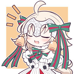 Rule 34 | 1girl, ahoge, bell, beni shake, black gloves, blonde hair, blush, bow, bowtie, capelet, chibi, closed eyes, dress, elbow gloves, fate/grand order, fate (series), fur-trimmed gloves, fur trim, gloves, green bow, green bowtie, green ribbon, hair ribbon, hands on own hips, headpiece, jeanne d&#039;arc (fate), jeanne d&#039;arc alter (fate), jeanne d&#039;arc alter santa lily (fate), long hair, lowres, open mouth, ribbon, shiny clothes, short hair, simple background, smug, solo, star (symbol), striped bow, striped bowtie, striped clothes, striped neckwear, upper body, white dress, white hair, winter clothes