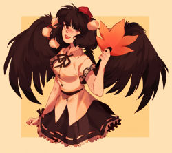 Rule 34 | bad id, bad tumblr id, beige border, black hair, black ribbon, black skirt, blush, breasts, buttons, collared shirt, cowboy shot, feathered wings, freckles, frilled skirt, frills, hand fan, hat, hauchiwa, head tilt, highres, holding, holding fan, linmiee, medium breasts, neck ribbon, nose blush, outside border, parted lips, pom pom (cheerleading), pom pom (clothes), red eyes, red hat, ribbon, shameimaru aya, shirt, short hair, skirt, solo, tokin hat, touhou, white shirt, wings, wrist ribbon, yellow background