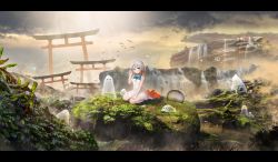 Rule 34 | 1girl, arm up, bare shoulders, bird, blush, breasts, cleavage cutout, closed mouth, clothing cutout, cloud, cloudy sky, commentary request, dress, fantasy, flying, forest, ghost, gradient hair, green eyes, highres, hoshimiya aki, letterboxed, looking at viewer, multicolored hair, multiple torii, nature, orange hair, original, outdoors, scenery, seiza, silver hair, sitting, sky, sleeveless, sleeveless dress, small breasts, sunlight, torii, water, waterfall, white dress, wide shot